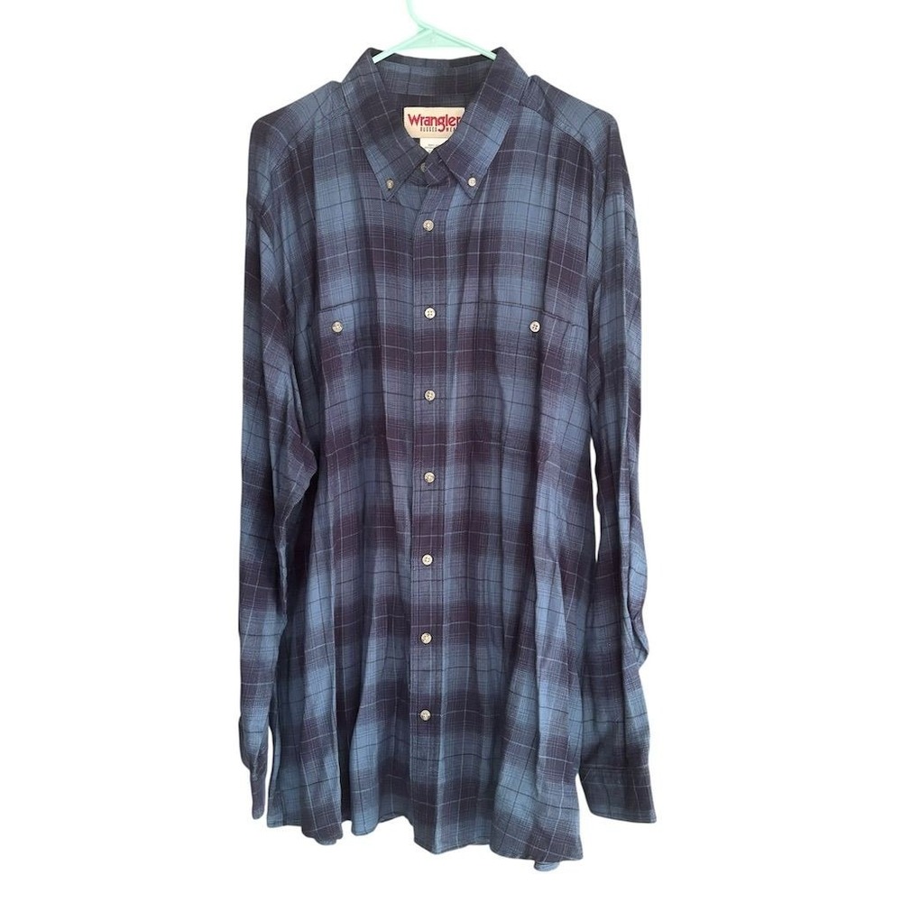 Wrangler Men's 2XLT Blue Plaid Flannel‎ Shirt Long Sleeve Casual